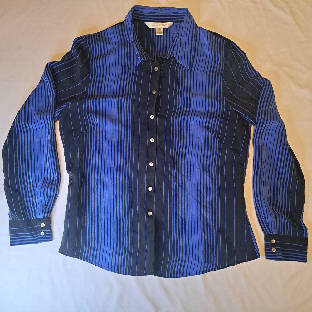 Casual Corner Vtg Women's 100% Silk Blue Black Striped Button-Down Shirt Size 14